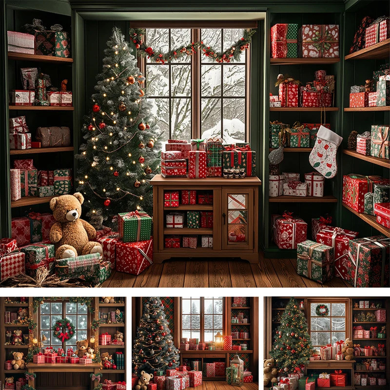 หน้าต่างคริสต์มาสพร้อมฉากหมีของเล่นเด็กทารกถ่ายภาพผู้ใหญ่ห้องซานต้า Windows ต้นคริสต์มาสพื้นหลัง