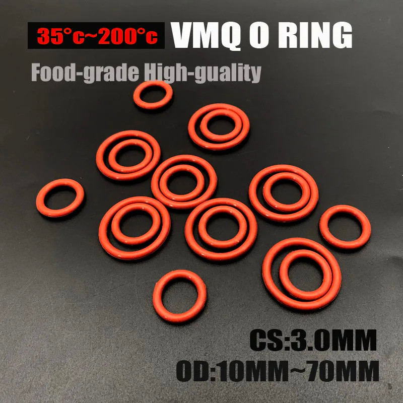 50 ชิ้นสีแดง VMQ ซิลิโคน O แหวน CS 3 มิลลิเมตร OD 10 ~ 70 มิลลิเมตร FoodGrade เครื่องซักผ้ากันน้ํายา