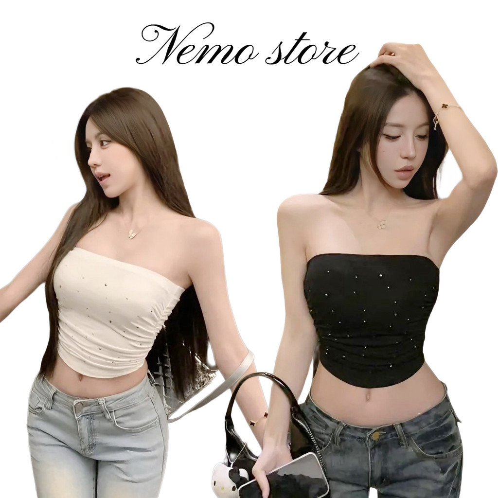 Nemo store🌸#FY3552 เสื้อเกาะอก เสริมฟองน้ำ ติดเพชรเล็ก สีพื้นใส่สบายผ้านุ่มนิ่ม เสื้อท่อนบนผู้หญิง ปาดไหล่ เสื้อแซ่บๆ