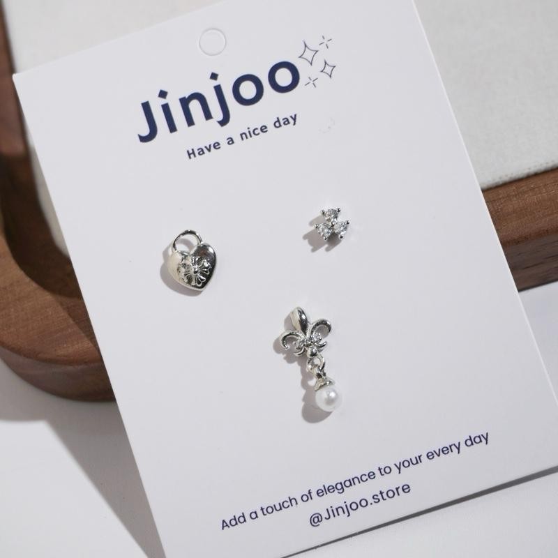 Jinjoo จิวต่างหู รุ่น Lock & Grace Set เซท 3 ชิ้น แป้นแบน (สแตนเลส316)