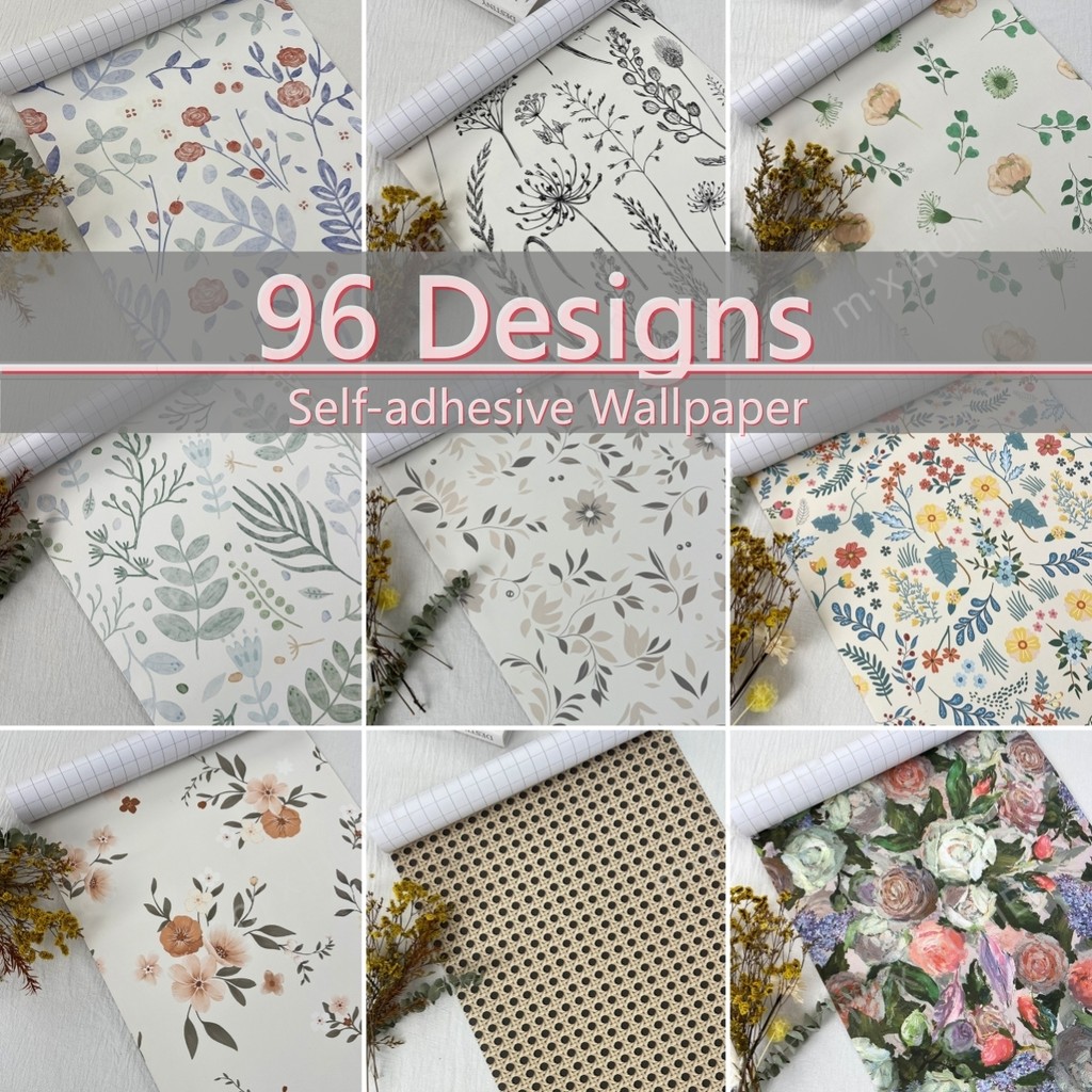 【96 Designs】วอลล์เปเปอร์พีวีซีกันน้ํา Self-adhesive Wallpaper สไตล์ดอกไม้ สำหรับตกแต่งห้องนอนและห้องนั่งเล่น