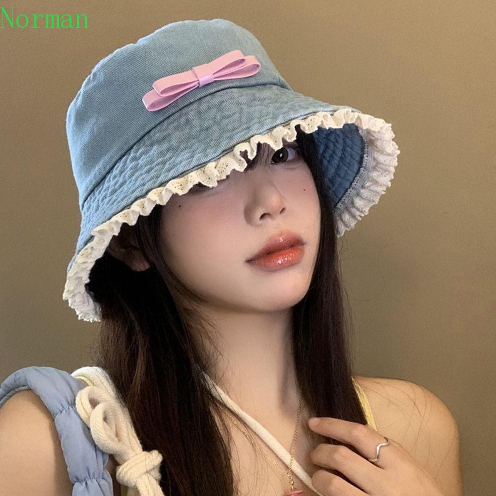 NORMAN1 Denim Bucket Hat, Big Brimed Y2K Lace Fisherman Hat, Fashion Bow Tie Sunscreen Hat Travel
