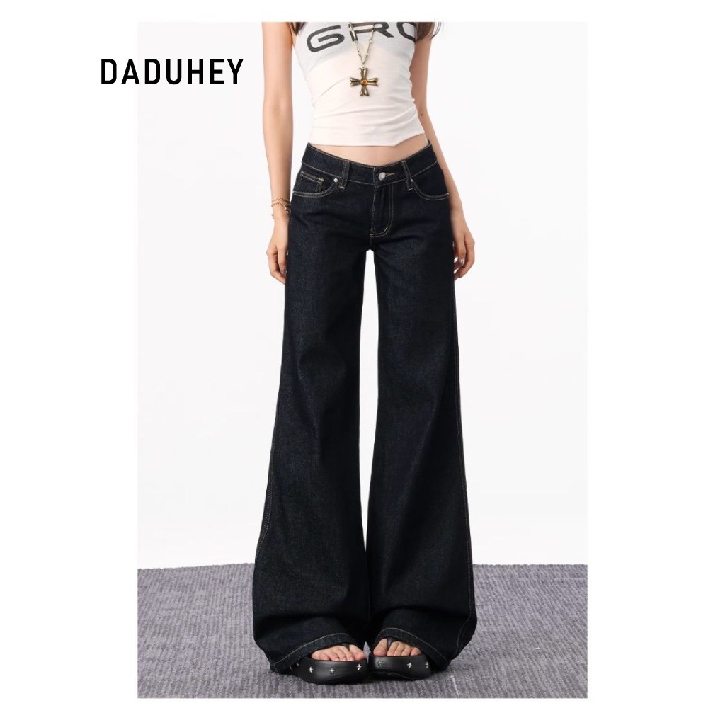 DaDuHey Women's Straight Jeans Korean-Style Retro Dark Blue Low Waist Bootcut Trousers | 9079