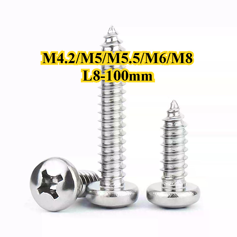 สกรู เกลียวปล่อย สแตนเลส 304 หัวกลม หัวแพน แฉก P+ ปลายแหลม น็อต #Pan Head Phillip Tapping Screw SUS304 M4.2/M5/M5.5/M6/M8 (YDD-LD-TH1)