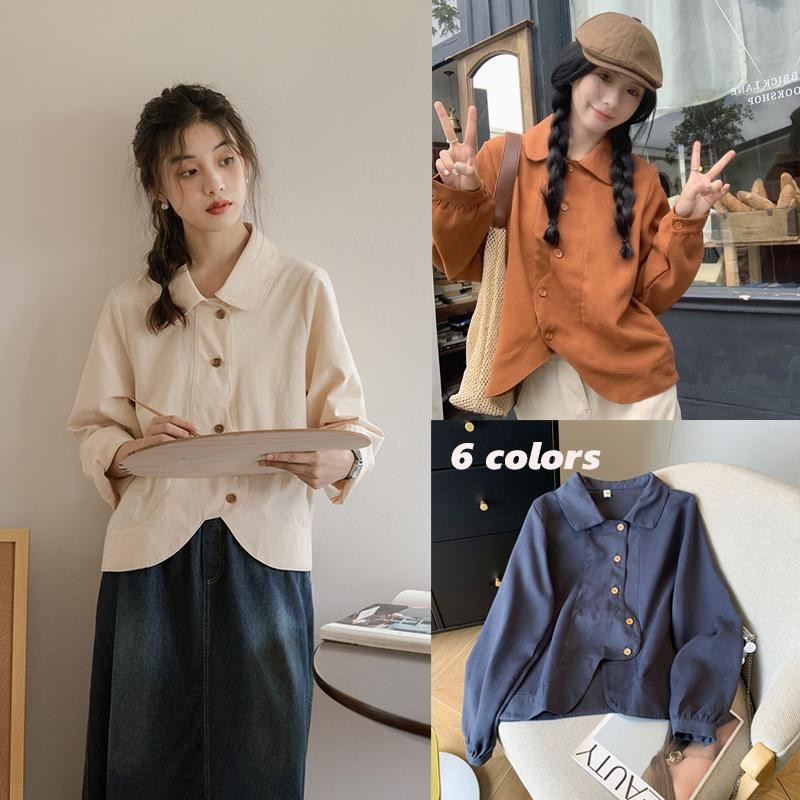 Dahong 99201 เสื้อเชิ้ตแขนยาวคอปกผู้หญิงสีทึบเรียบง่าย เสื้อทํางานแฟชั่นเกาหลีสไตล์วินเทจ ทรงหลวม แมชง่ายกับทุกลุค