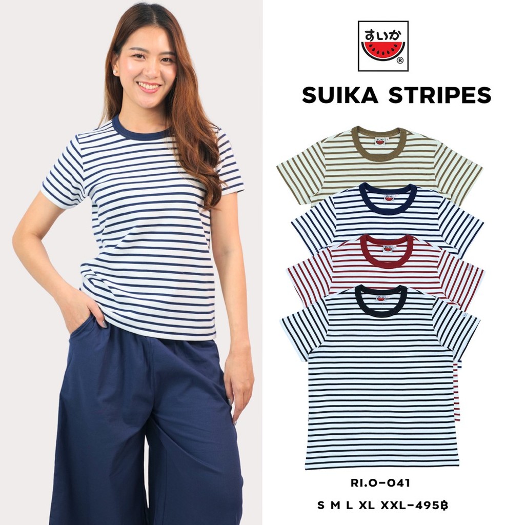 เสื้อแตงโม (SUIKA)-เสื้อยืดแตงโมคอกลมแขนสั้น ผ้าคอตตอนอินเตอร์ล๊อค ลายริ้ว (RI.O-044)