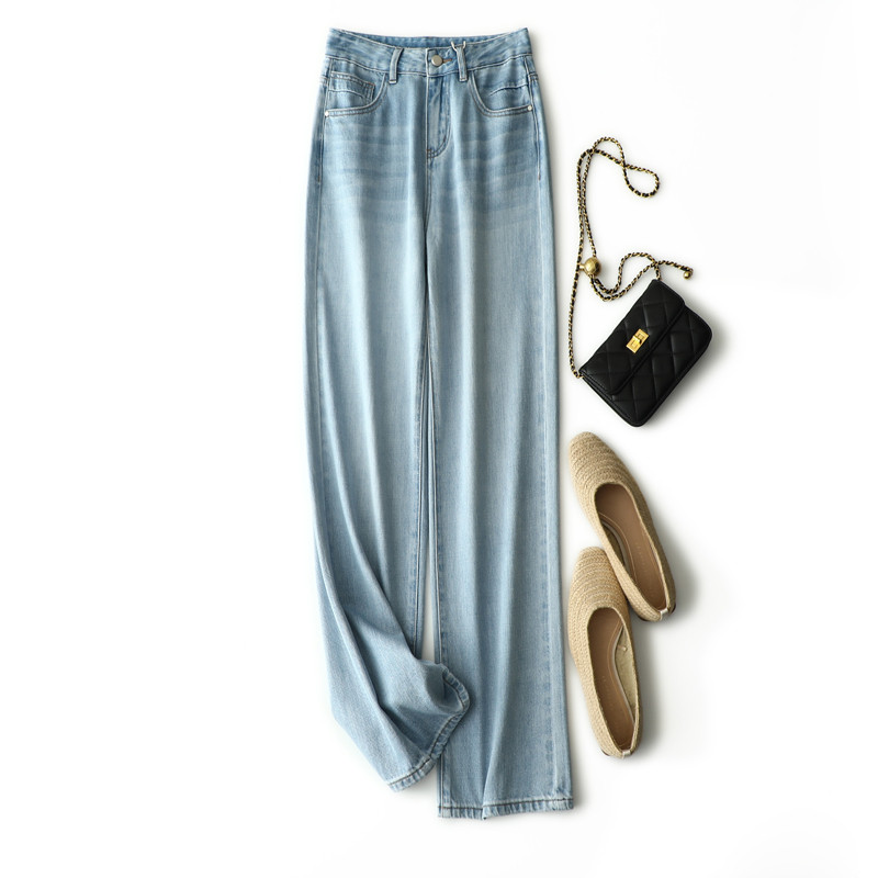 DU Home Isaacell กางเกงยีนส์เอวสูงสีอ่อนผ้านุ่มสบาย เหมาะสำหรับใส่ลำลอง