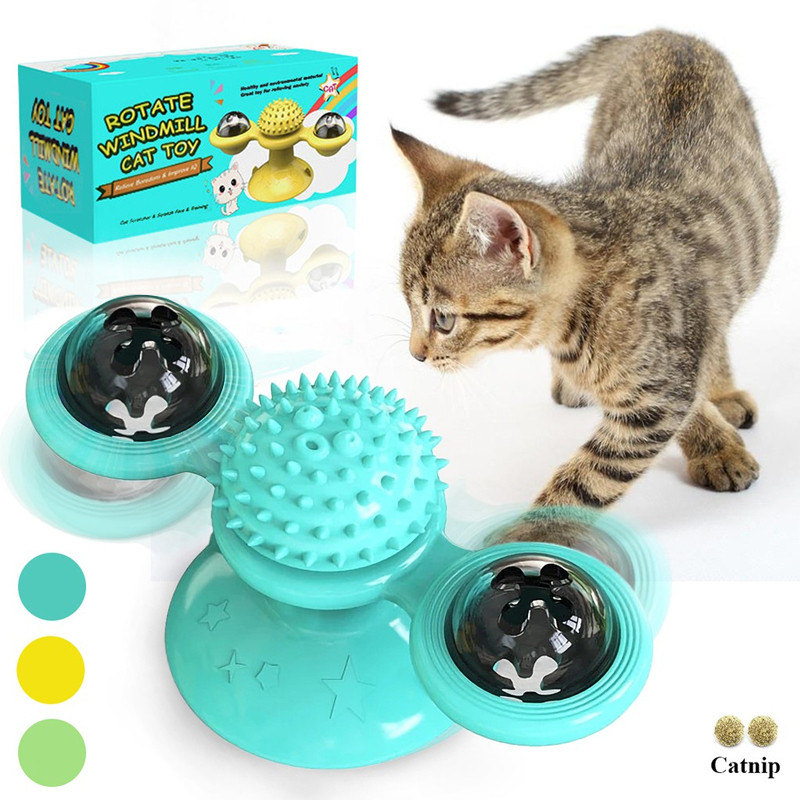 ของเล่นแมวแบบโต้ตอบ 3-in-1: จานหมุนกังหันลมพร้อมแปรง Catnip Ball & Grooming ของเล่นทีเซอร์แสนสนุกสําหรับแมวในร่มพร้อมฐานถ้วยดูดที่ปลอดภัย