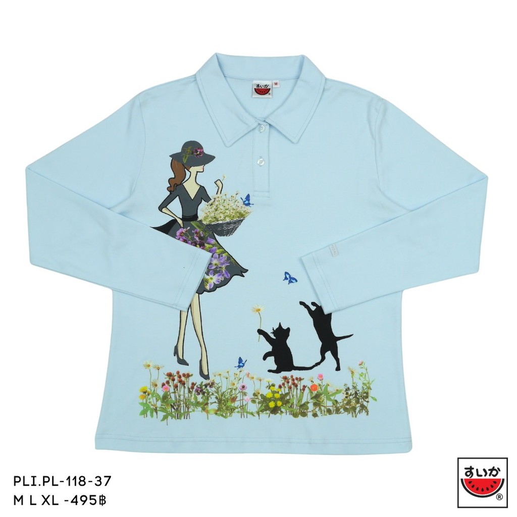เสื้อแตงโม (SUIUKA)-เสื้อยืดแตงโมคอปกแขนยาว ผ้าคอตตอนอินเตอร์ล๊อค ลายริ้ว (PLI.PL-118) — صورة 5