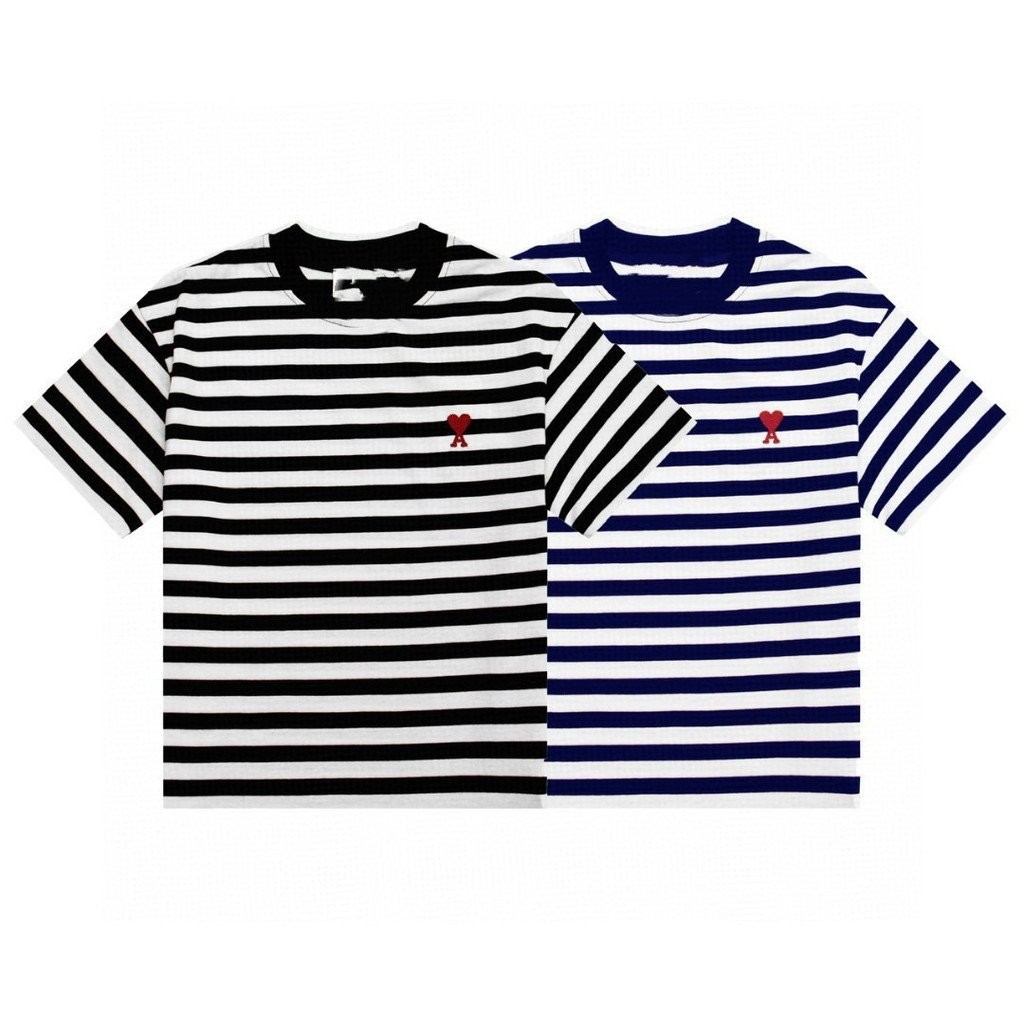 new ami ความรัก  Paris เสื้อยืดแขนสั้นปักลายพินสไตรป์และหัวใจเล็กๆ สไตล์สำหรับทั้งผู้ชายและผู้หญิง เ