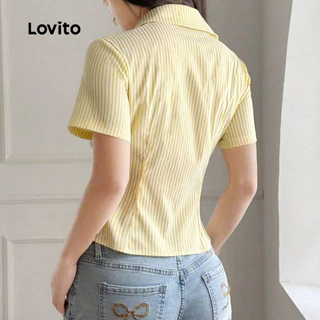 Lovito สง่างาม เสื้อบลาซ่าคอปกแบบ มีปุ่ม สวมใส่ได้ในช่วงฤดูใบไม้ผลิ/ฤดูร้อน สีเหลืองอ่อน สำหรับผู้หญิง เกาหลี อินเทรนด์ L143AD628