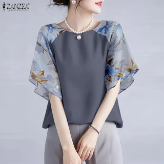 ZANZEA เสื้อผู้หญิงเกาหลีคอกลมสบาย ๆ แขนห้าส่วนแต่งระบาย ลายดอกไม้ต่อผ้า