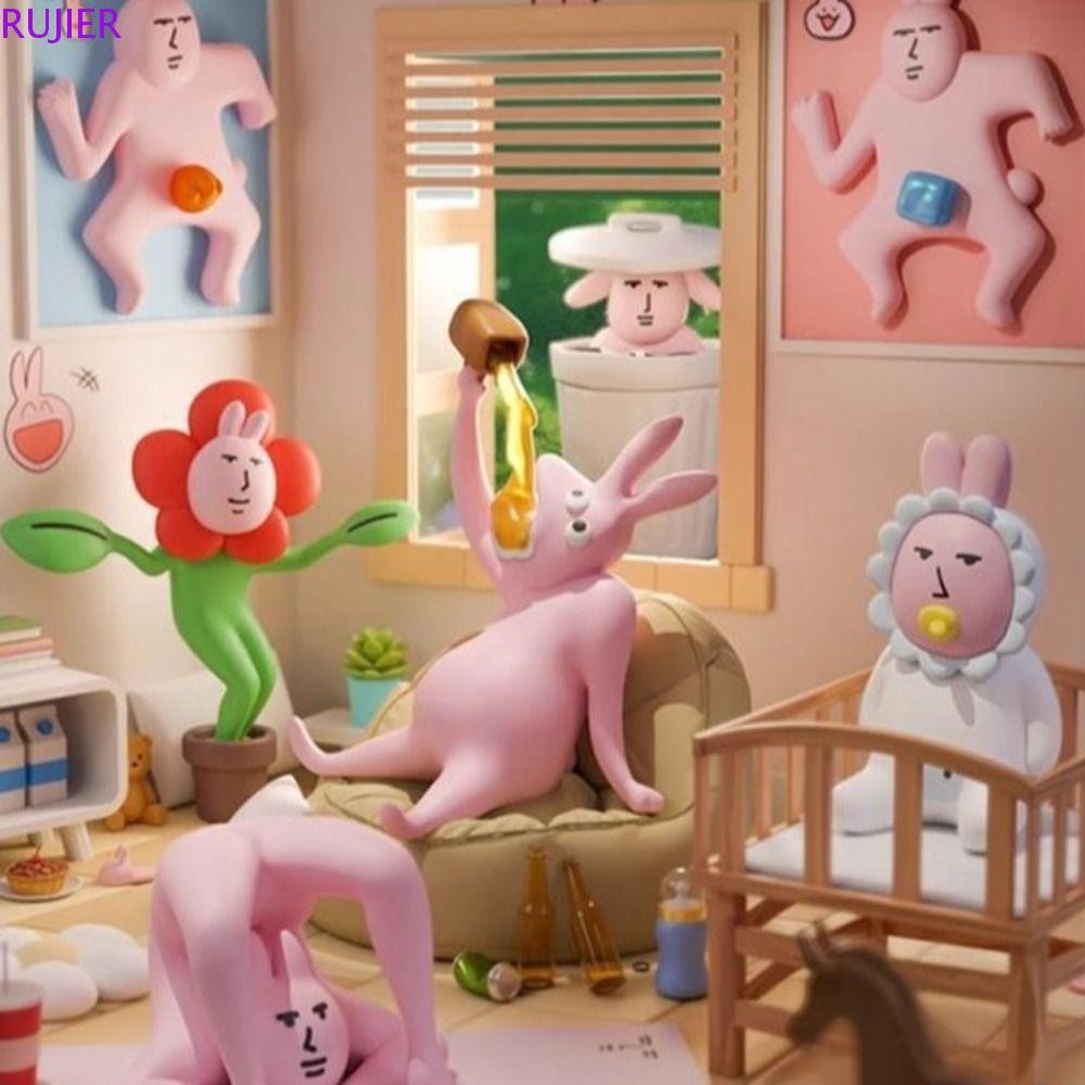 RUJIER My Friend Rabbit Action Figure, Collection ตลกตุ๊กตากระต่ายสีชมพู, รูปปั้นประณีตน่ารักการ์ตูน