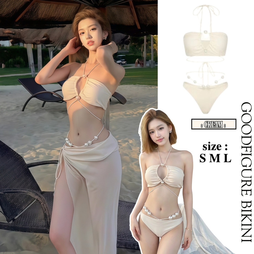 GOODFIGURE BIKINI บิกินี่ 3ชิ้น ชุดว่ายน้ำเซ็กซี่ ดีไซน์หรูแต่งมุกรอบตัว มีไซส์ S-L | น้ำหนัก 38-58 กก. ส่งไว Y241