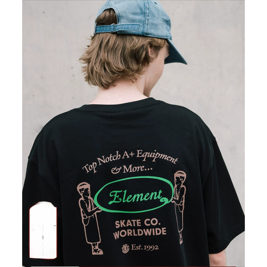 ELEMENT Skateboard เสื้อยืดแขนสั้นผู้ชายสีดํา Retro Fun พิมพ์ผ้าฝ้าย Casual Top