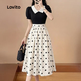 (New Arrival) Lovito เดรสผู้หญิงสีตัดกันดีไซน์พลีตสุดหรู เหมาะสําหรับฤดูใบไม้ผลิและฤดูร้อน L195ED161
