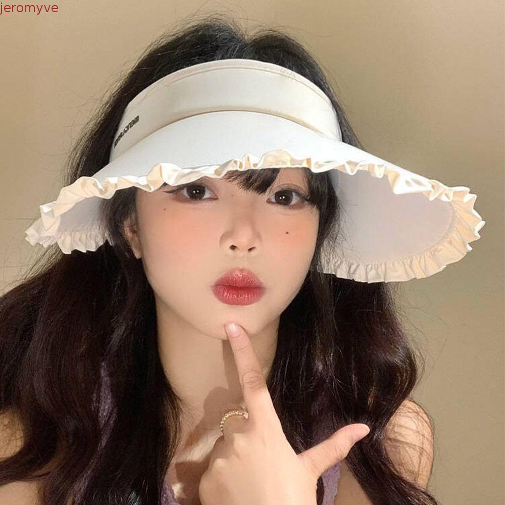 เจโรมี หมวกกันแดดแบบจีบ,หมวกทรงสูงเปล่าผ้าไหมน้ําแข็งป้องกันรังสียูวีสไตล์เกาหลีใหม่ ขึ้น50+ หมวกป้องกันแสงแดดฤดูร้อนหวานส