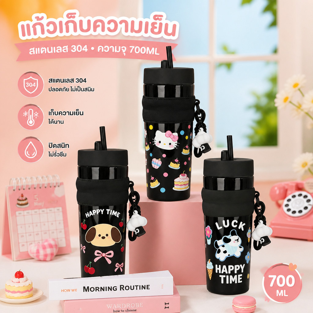 ความจุ 700 มล. ขนาดใหญ่ 304 แก้วน้ำสแตนเลสที่ พกพาสะดวก มีหลอดดูด ถ้วยน้ำกีฬากลางแจ้ง