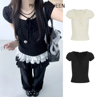 MOSESQUEEN เสื้อยืดแขนสั้นคอวีลายจุดผูกเชือกหวานและลําลองสําหรับฤดูร้อน-เสื้ออเนกประสงค์แบบผูกเชือกมีสไตล์สําหรับร่างกาย #63861