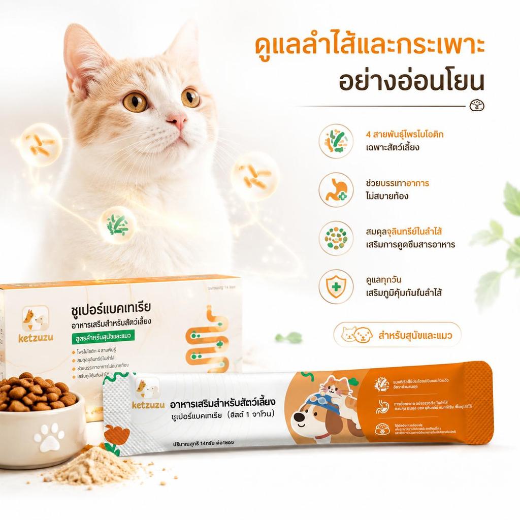 Ketzuzu 12/24 แพ็ค วิตามินแมว เสริมภูมิคุ้มกันแมว โปรไบโอติกผง สำหรับแมวอาเจียนง่ายและท้องเสีย 14g