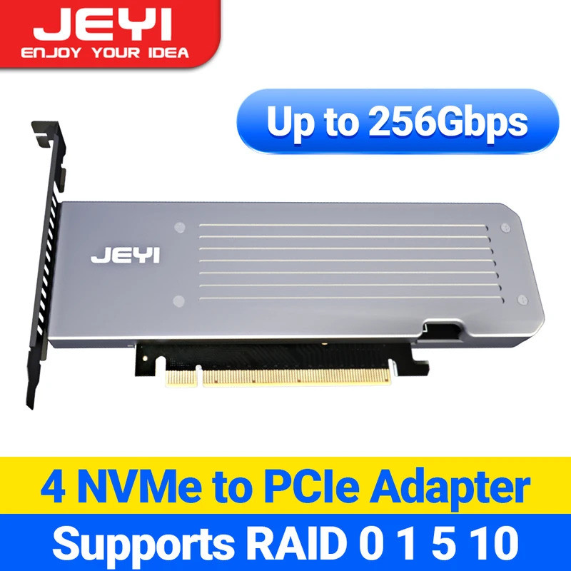 JEYI 4 SSD M.2 X16 PCIe 4.0 X4 การ์ดขยายพร้อมฮีทซิงค์ รองรับ 4 NVMe M.2 2280 สูงสุด 256Gbps รองรับ B