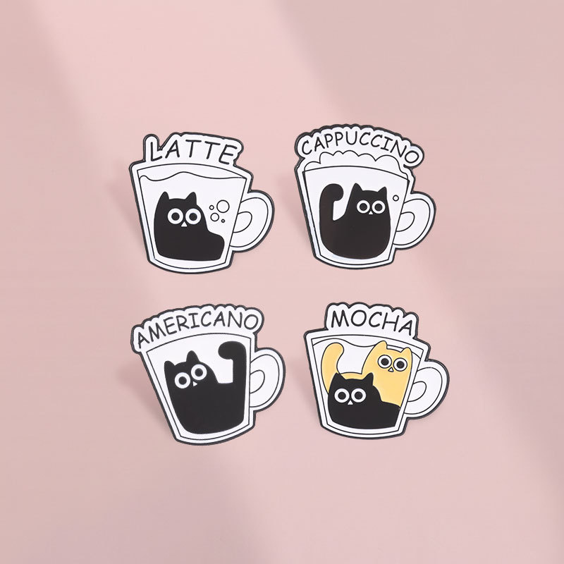 ถ้วยกาแฟ แมวดําเคลือบเข็มกลัดชุดอเมริกาโน่ลาเต้มอคค่าคาปูชิโน่แมวตราสําหรับเสื้อผ้ากระเป๋าเป้สะพายหลังอุปกรณ์เสริมของขวัญสําหรับคนรักกาแฟ