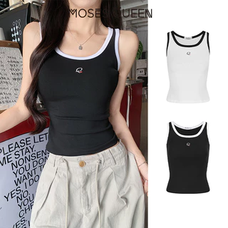 MOSESQUEEN เสื้อมินิแบนด์eauปักสีตัดกันสวมเสื้อแขนกุดด้านในเข้ารูป #63783