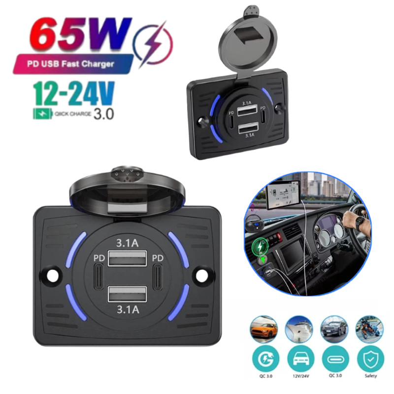 4 พอร์ต 12V USB Outlet, อะแดปเตอร์ชาร์จติดผนัง, QC 22.5W PD 30W Type-C Quick Charge Port, ปลั๊กชาร์จ