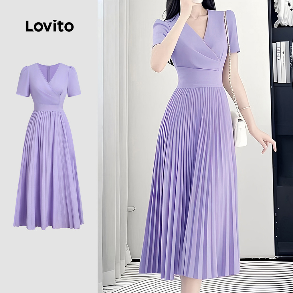 Lovito สง่างาม ชุดเดรสพับแขนซิป นุ่มสบาย ฤดูใบไม้ผลิ/ฤดูร้อน สีม่วง L137ED032