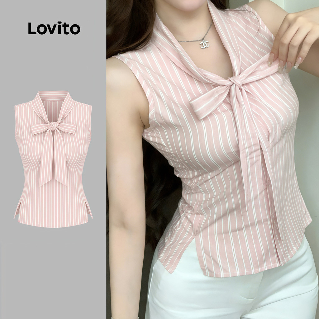 Lovito เสื้อเบลาส์สีชมพูสําหรับฤดูร้อนแบบลําลองผูกด้านหน้าผ่าหน้ากระดุม L190ED107