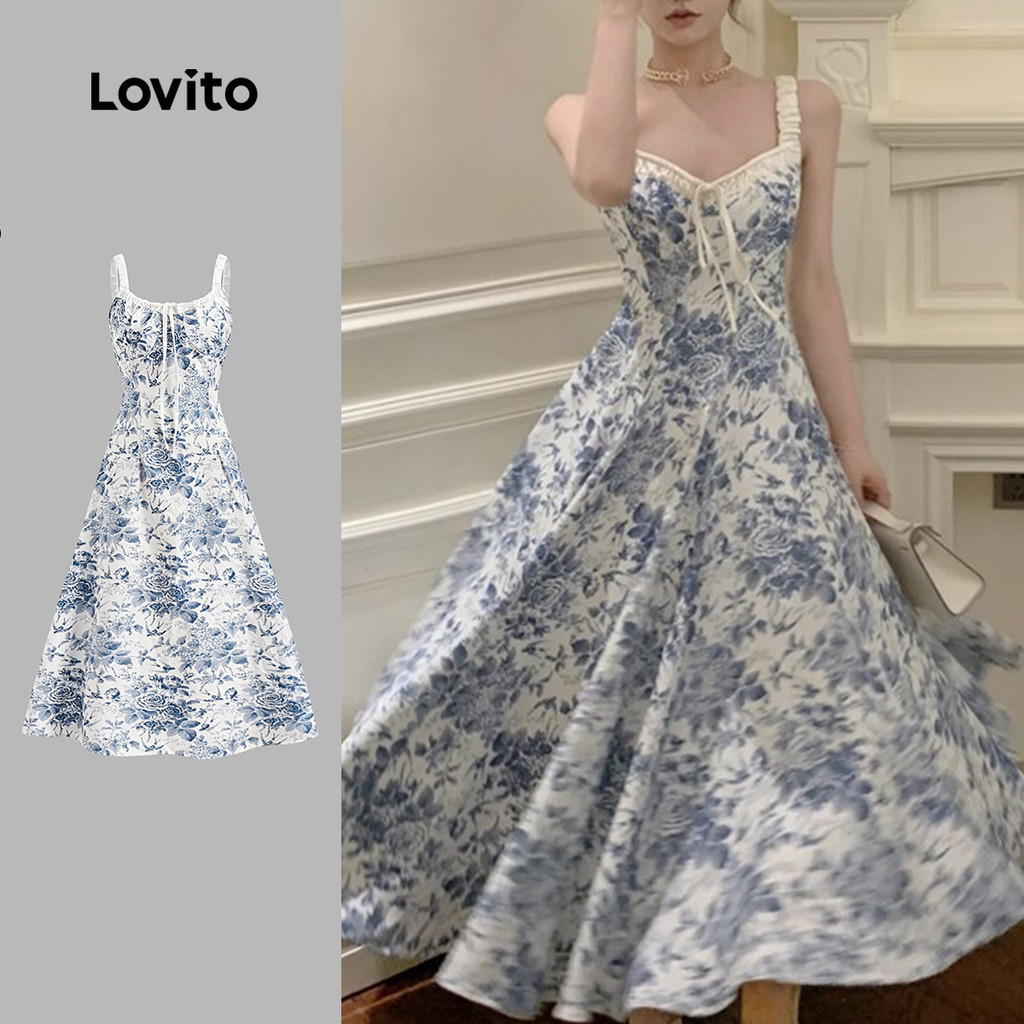 Lovito โบโฮ ชุดเดรสลายดอกไม้คอปกผ้าคาดเอวผูกเชือกสำหรับฤดูร้อน/ฤดูใบไม้ผลิสำหรับผู้หญิง L129AD161