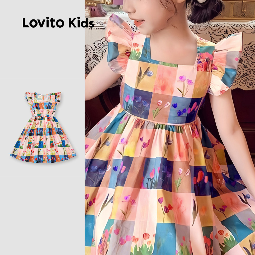 Lovito Kids โบโฮ ชุดเดรสรัดลายหวานสำหรับเด็กผู้หญิง สไตล์ฤดูใบไม้ผลิ/ฤดูร้อน L160LD219