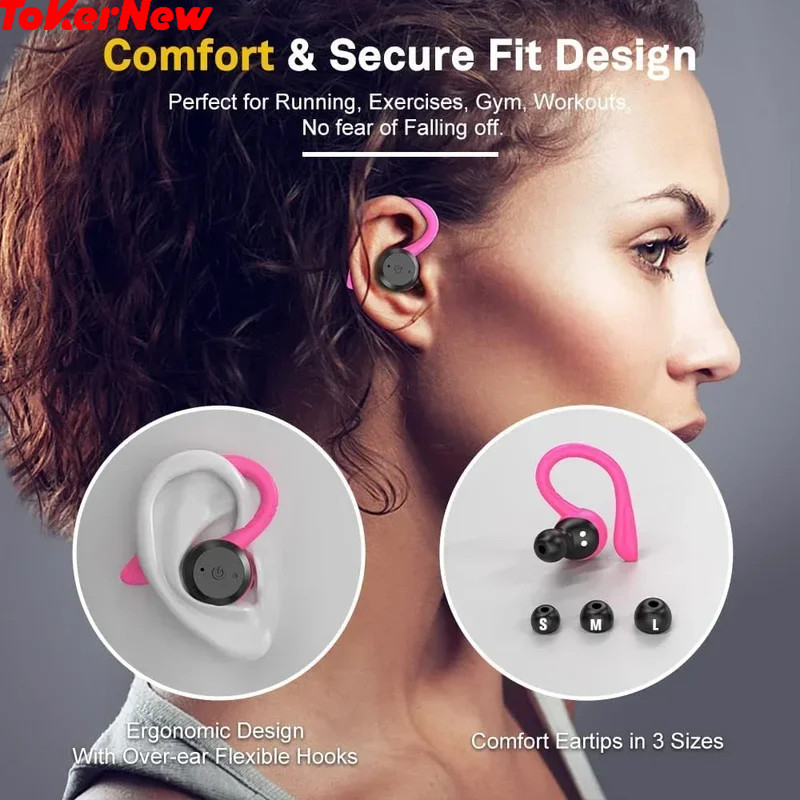 ToKerNew หูฟังไร้สายกีฬา,หูฟังไร้สายพร้อมไมโครโฟน,หูฟังกันน้ํา IPX7,Comfort Fit Ear Buds สําหรับวิ่ง
