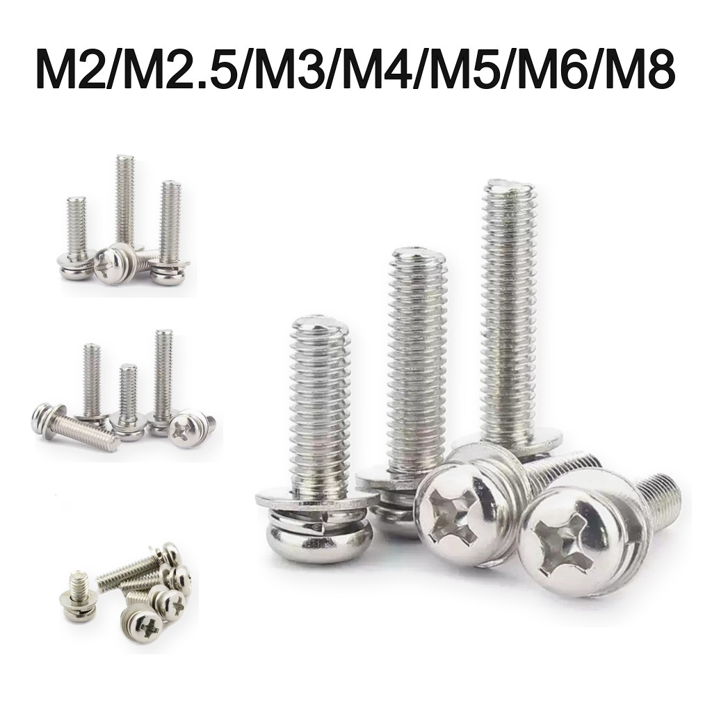 ชุบนิกเกิลหัวกลม CROSS Combination Bolt Pan HEAD CROSS เบาะสกรูแบนยืดหยุ่น Pad M2/M2.5/M3/M4/M5/M6/M