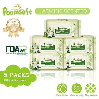 Poomsoft 5 Packs x 100 Sheet Jasmine Scented No-Alcohol Gentle Baby Wipes Wet Tissue Disposable
