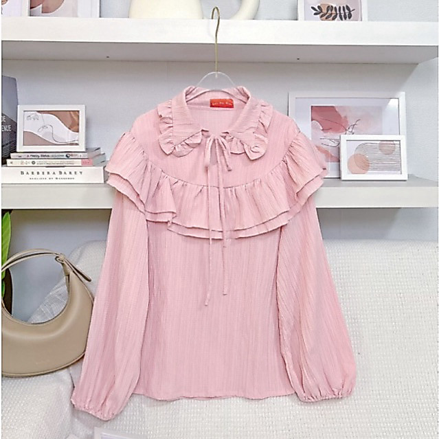gp-0392 เสื้อเชิ๊ตแขนยาวดีเทลแต่งคอระบาย 2ชั้นแขนพองๆน่ารัก