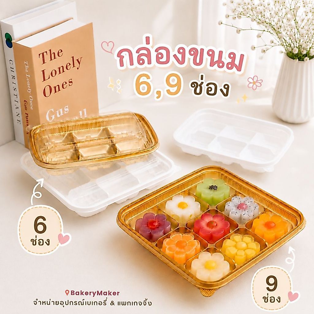 กล่องพลาสติก ฐานทอง/ขาว 6 หรือ 9 ช่อง พร้อมฝาปิด (10 ใบ) ขนมเปี๊ยะ/ขนมไหว้พระจันทร์ 50 กรัม