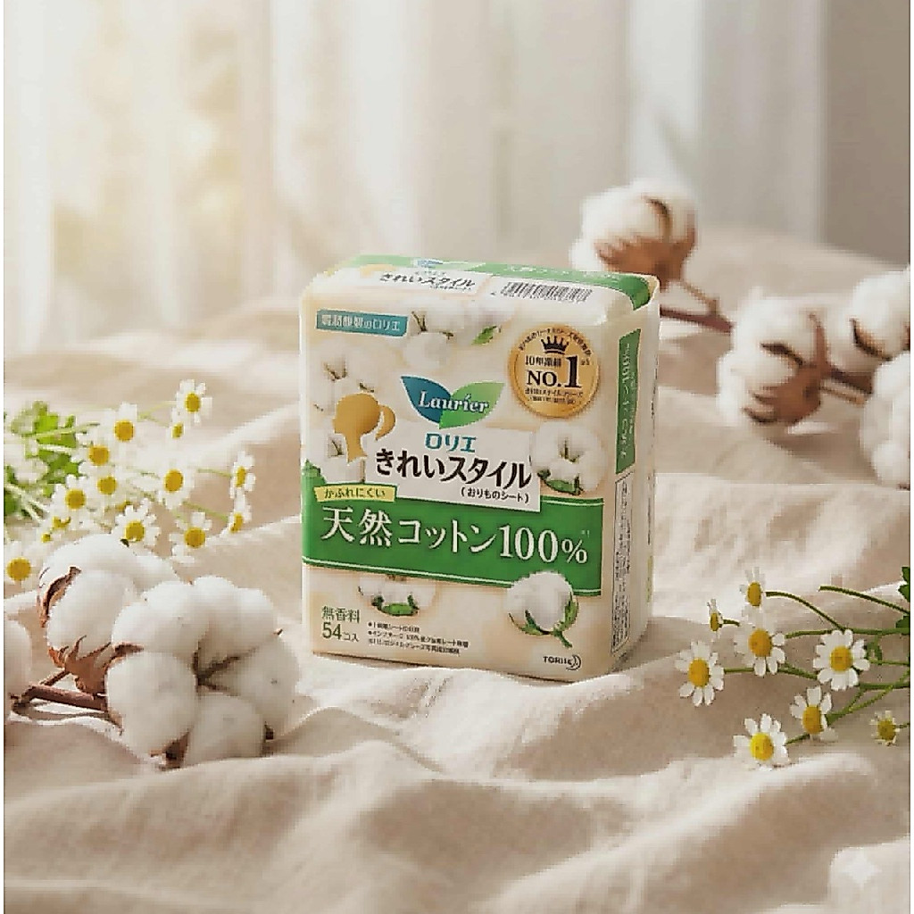 ลอรีเอะแผ่นอนามัยคอตตอนแท้ 100%สำหรับผิวแพ้ง่าย Kao -Laurier Kirei Style Natural Cotton Pantyliner Unscented 54 แผ่น