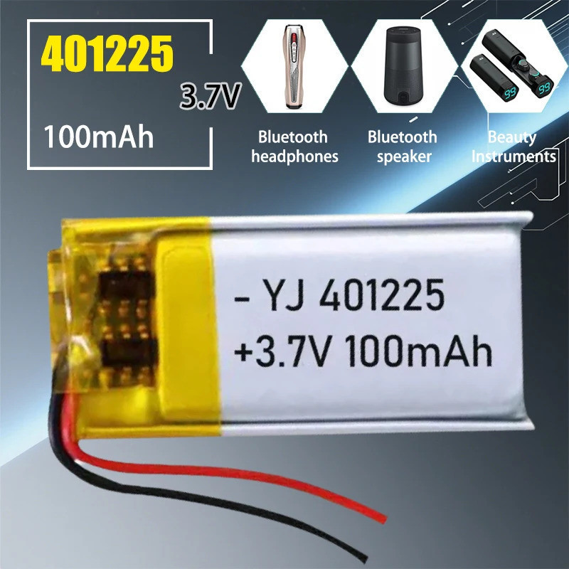 401225 แบตเตอรี่ Li-polymer 3.7V 100mAh Polymer Lithium ชาร์จสําหรับชุดหูฟังบลูทูธเครื่องมือความงาม 