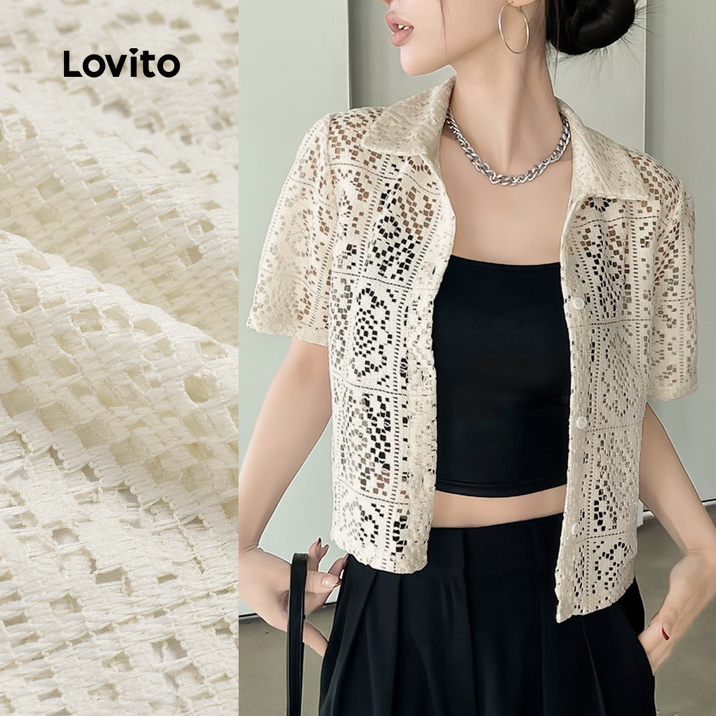 Lovito โบโฮ เสื้อเบลาส์ลูกไม้กระเป๋าธรรมดาแบบลําลองสําหรับผู้หญิง L125AD295