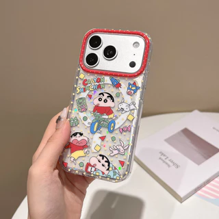 Crayon Shin-chan Magnetic Chain Stand Case,ฝาครอบซิลิโคนสองชั้นสําหรับiPhone 14/15/16/17 Pro & Pro Max,ผู้หญิงสไตล์การ์ตูน