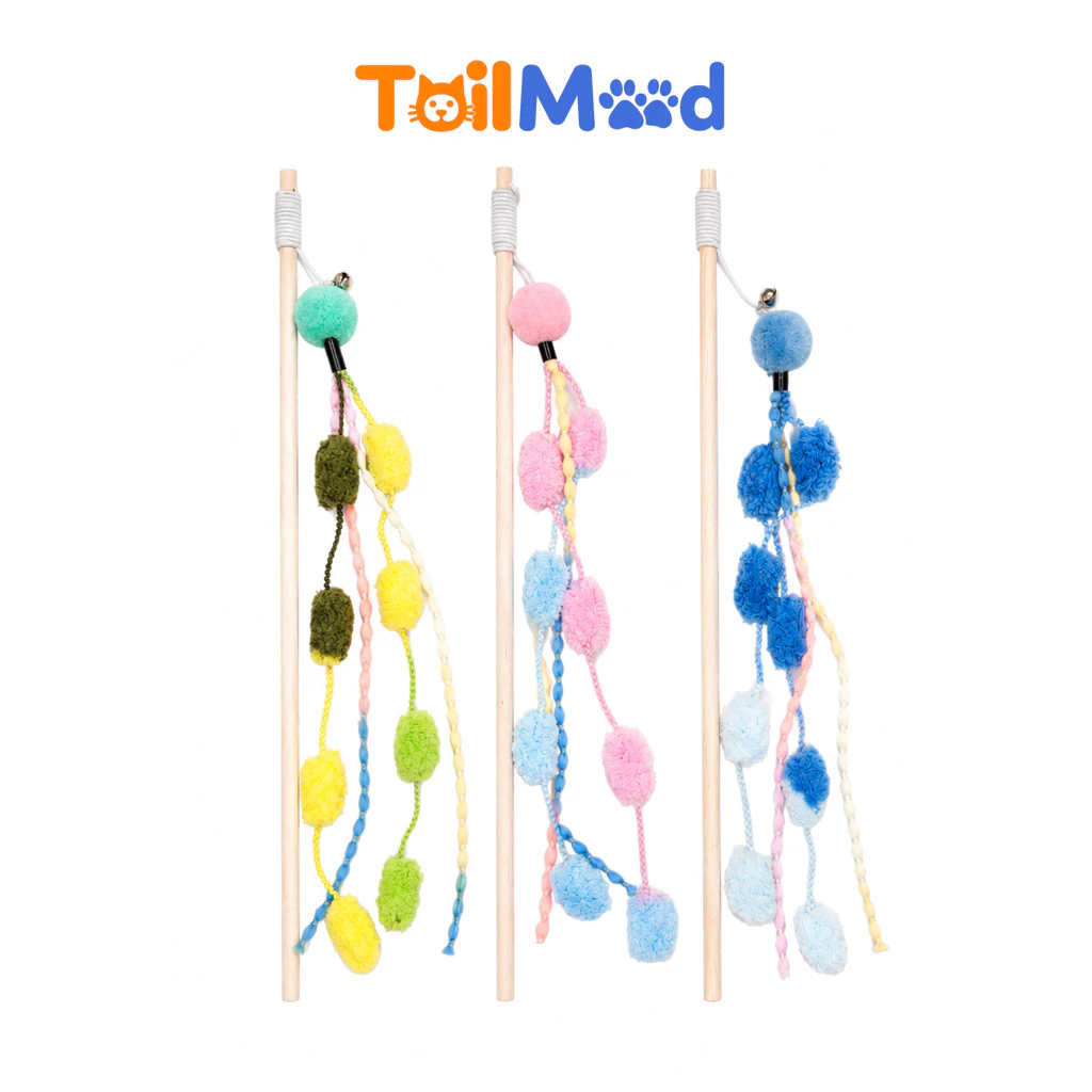 ไม้ตกแมว ของเล่นแมว พู่ปอมปอม มีกระดิ่ง ไม้ยาว สีชมพู สีเขียว สีฟ้า ขนาด 40 cm