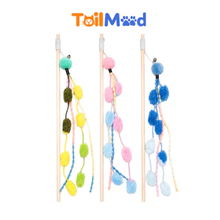 ไม้ตกแมว ของเล่นแมว พู่ปอมปอม มีกระดิ่ง ไม้ยาว สีชมพู สีเขียว สีฟ้า ขนาด 40 cm