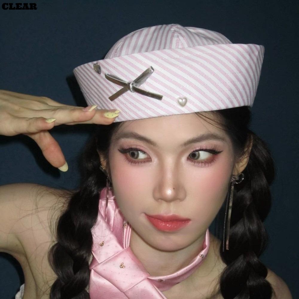 หมวกกะลาสี, เพชร-encrusted Stripe Bow Flipped Brim Beret, แฟชั่นสบาย Breathable Stripe หมวกกะลาสีผู้หญิง