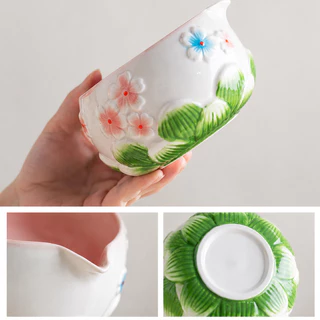 ถ้วยชงมัทฉะ Chawan 560ml ถ้วยเซรามิกญี่ปุ่น มีปากเท ชามมัทฉะ ลายดอกไม้เพ้นท์มือ ชงชาเขียว ชงชา