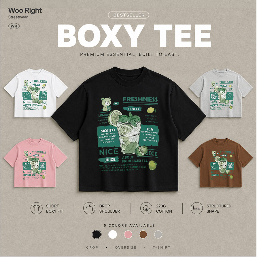 COD จัดส่งตลอด 24 ชั่วโมง Woo Right  boxy crop tee Oversiz เสื้อยืด FRESHNESS ลายหมีเท็ดดี้ Cropped