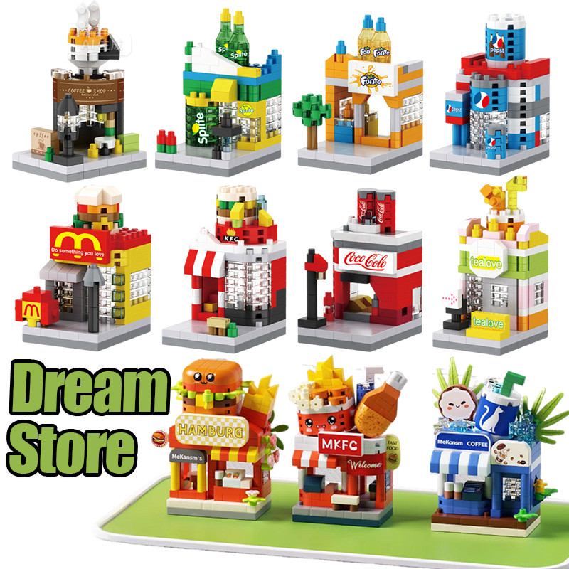 โมเดลอนุภาคขนาดเล็กประกอบของเล่น-สก์ท็อปแฮมเบอร์เกอร์นมชาร้านเค้กเครื่องประดับ-ฝันร้านชุดอาคารบล็อก