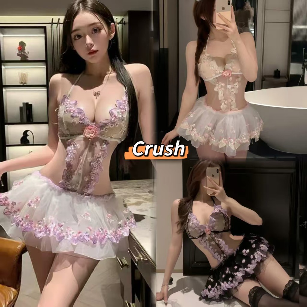 Crush💘ชุดนอนแบบเซ็กซี่ สไตล์นางฟ้า ปักลายลูกไม้ เชือกผูกโบว์ด้านหลัง มีจีสตริง 🛒พร้อมส่งจากไทย (ฺHH-101)