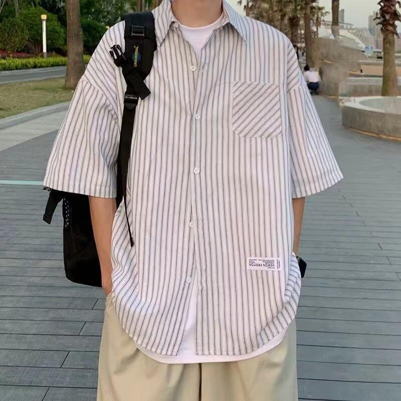 MNO.9 Shirt C160 เสื้อเชิ้ตOversize เสื้อเชิ๊ตคอปก ลายเส้น มีกระเป๋าหน้าเชิ๊ตชาย Man ผู้ชาย Clothing ขาว เทา และฟ้า