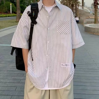 MNO.9 Shirt C160 เสื้อเชิ้ตOversize เสื้อเชิ๊ตคอปก ลายเส้น มีกระเป๋าหน้าเชิ๊ตชาย Man ผู้ชาย Clothing ขาว เทา และฟ้า